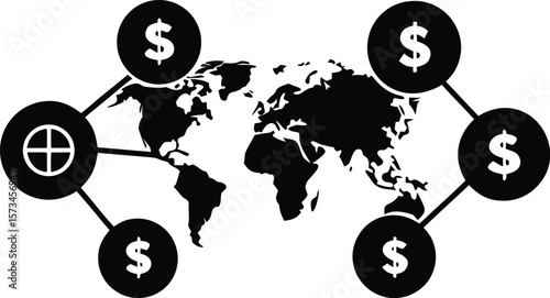 Photo of a world map connected to dollar symbols, symbolizing global finance and economic connections