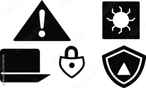 Photo of a collection of security and warning icons including a lock, shield, and virus