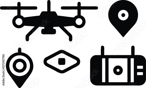 Photo of a drone with a remote control and location pin icons for aerial technology