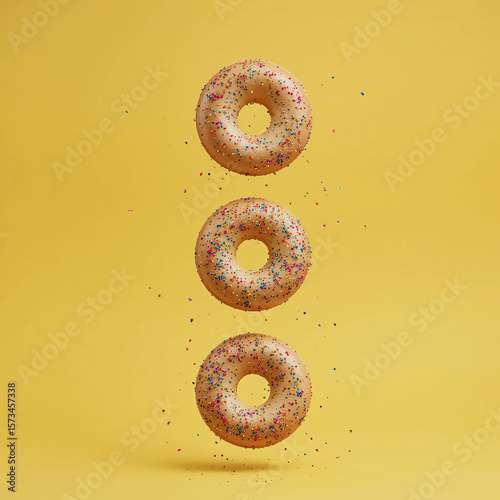 Realistic poppy seed bagels flying in the air on a vibrant yellow background. Dynamic food photo perfect for bakery, breakfast, or menu design