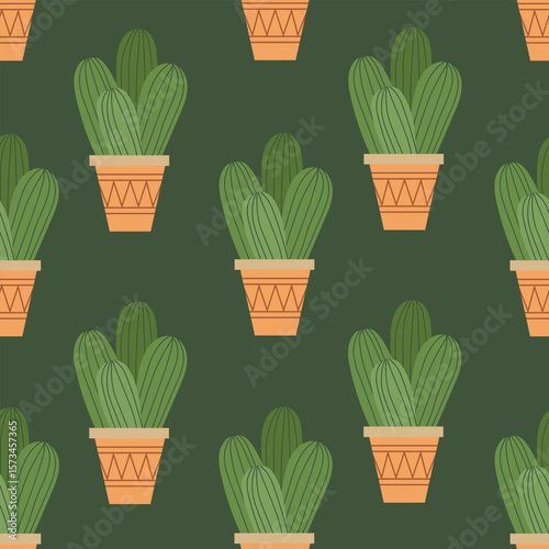 Cacti in a pots seamless pattern background for packaging and decoration