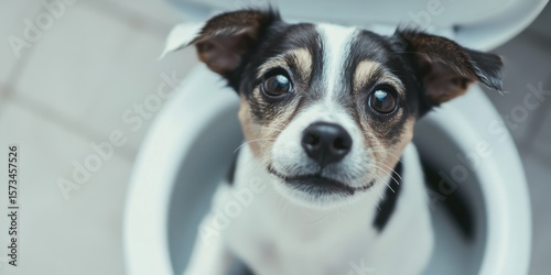 A Playful Dog Curiously Investigating a Toilet Bowl and Getting Caught in the Act
