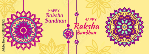 Elegant Raksha Bandhan greeting with traditional floral mandala and decorative rakhi elements in vibrant colors on a festive pastel yellow background