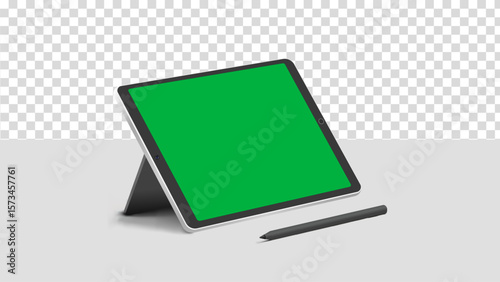 Realistic digital tablet with green screen display and stylus – isolated vector illustration