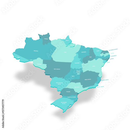 Brazil political map of administrative divisions - Federative units of Brazil. 3D turquoise vector map with name labels.