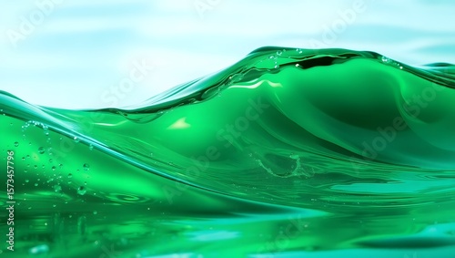 Green water wave with droplets creates a refreshing and vibrant display, perfect for depicting freshness, purity, and the beauty of liquid motion in a clean, modern aesthetic.