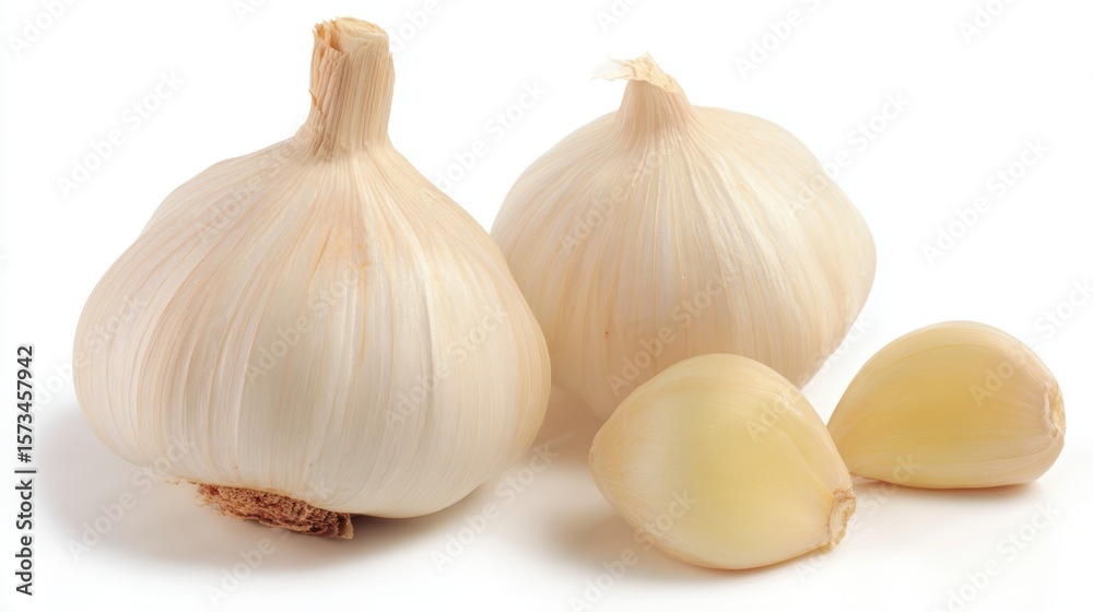 Obraz premium Fresh garlic bulbs and cloves are showcased. Close-up shot highlighting the textures and colors, white background