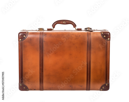 Vintage brown suitcase evoking travel and adventure against a black background.transparent PNG, isolated background