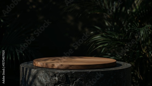 Luxury Wooden Display Platform on Dark Stone Base with Tropical Background