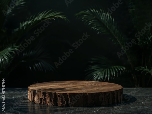 Luxury Wooden Display Platform on Dark Stone Base with Tropical Background