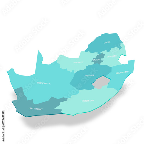 South Africa political map of administrative divisions - provinces. 3D turquoise vector map with name labels.