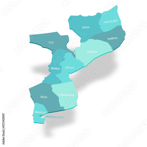 Mozambique political map of administrative divisions - provinces and capital city of Maputo. 3D turquoise vector map with name labels.