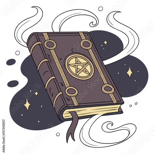 Mysterious ancient spellbook with a prominent golden pentagram on its cover surrounded by swirling magical energy and sparkling stars against a dark background