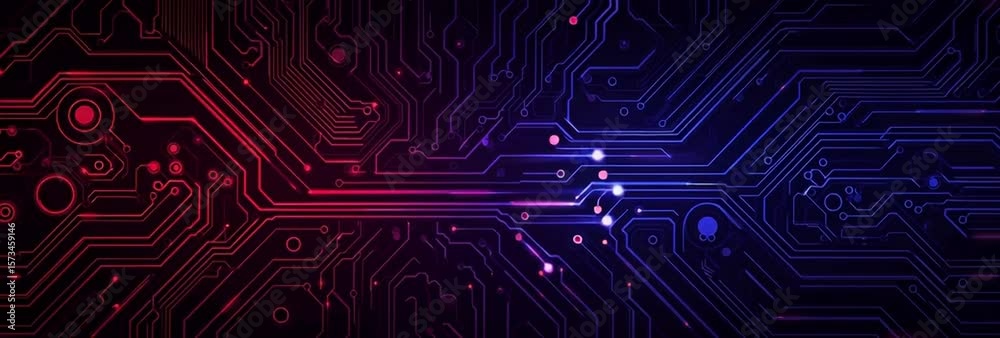 Abstract vector circuit board background with blue and red light effect on a dark purple background, a technology banner design for a website layout template Generative AI