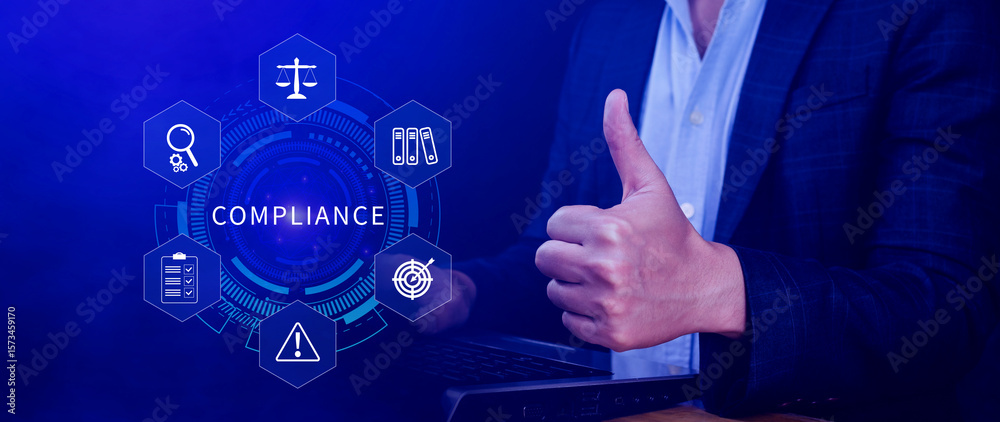 Obraz premium Compliance. Compliance concept with icons and text. Regulations, law, standards, requirements, Rule, audit diagram on virtual screen, Business internet technology