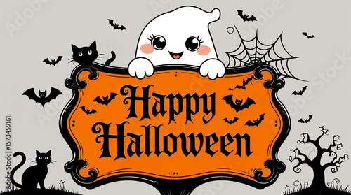 Cute Halloween signboard with ghost, bats, black cats, spider webs and tree silhouette