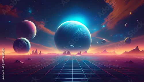 futuristic background minimalist cosmic landscape with glowing planets space nebula and sci fi atmosphere