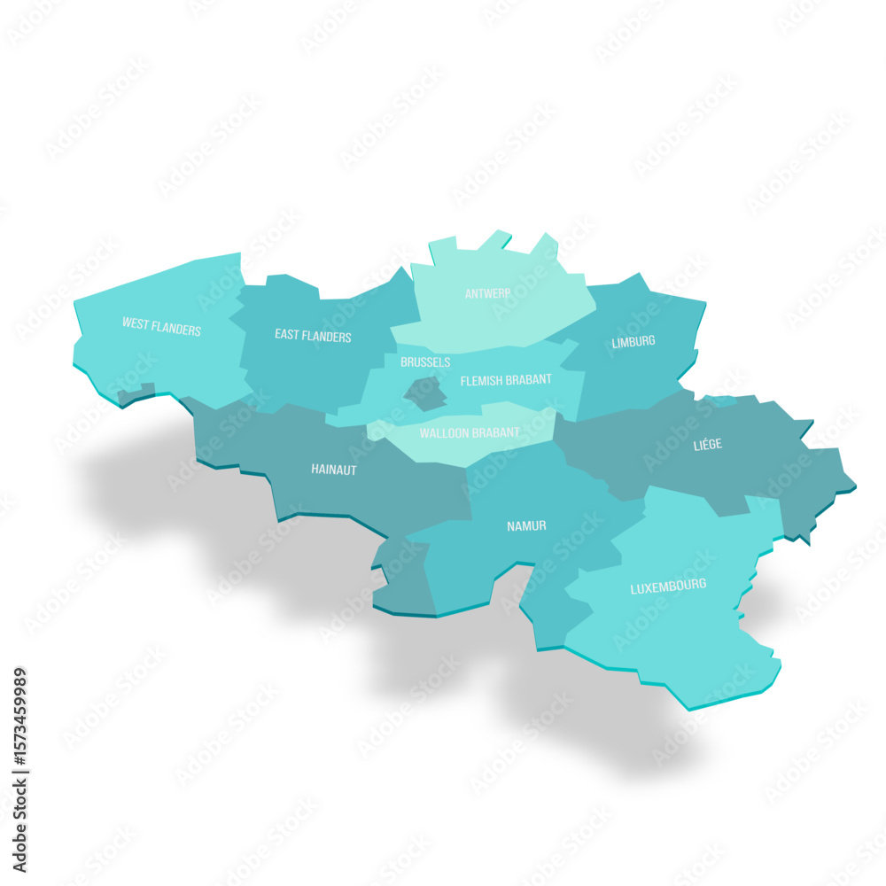 Fototapeta premium Belgium political map of administrative divisions - provinces. 3D turquoise vector map with name labels.