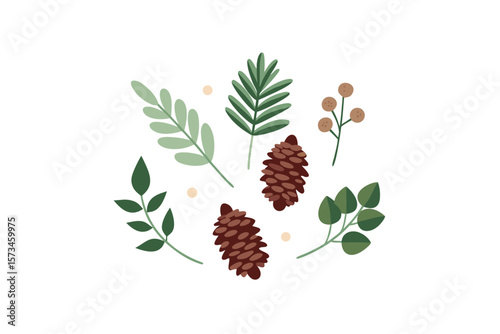 Christmas Foliage Vector Set Including Pine Cones