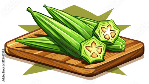 Glossy organic okra pods, green and slightly curved, form a star when sliced crosswise, beautifully displayed on a cutting board in soft light, perfect for Southern-style food vector art.
