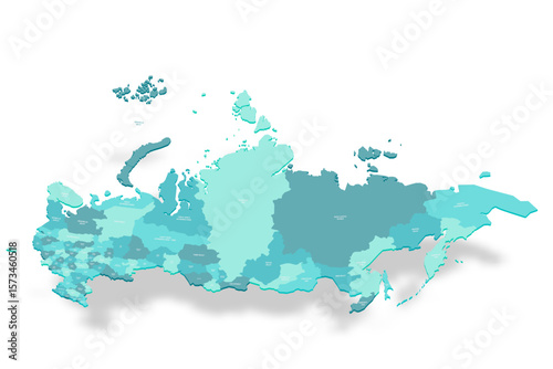 Russia political map of administrative divisions - oblasts, republics, autonomous okrugs, krais, autonomous oblast and 2 federal cities of Moscow and Saint Petersburg. 3D turquoise vector map with