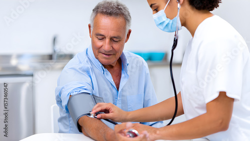 Young nurse measuring blood pressure of a smiling senior man during a routine medical examination in a clinic setting