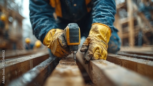 Close-up view of gloved hands using a power drill to secure wood beams, construction site details