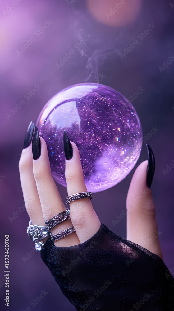 Naklejka premium Enchanted witch hand with mystical glowing crystal ball for halloween magic