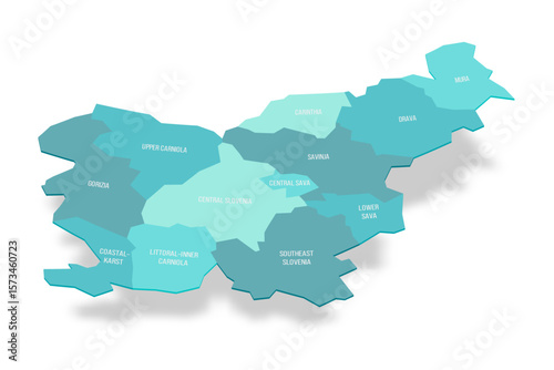 Slovenia political map of administrative divisions - statistical regions. 3D turquoise vector map with name labels.