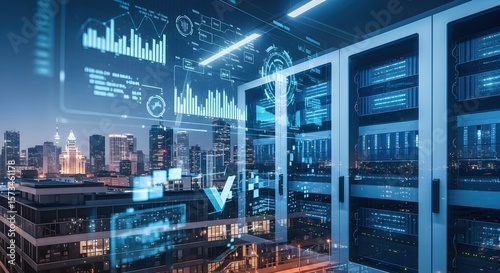 Data center servers with cityscape view. Financial graph and dashboard interface over blur city. Global business and technology internet connection.