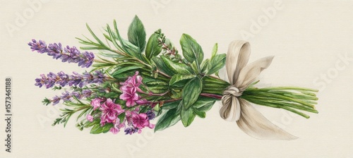 Hand-Drawn Herbal Bouquet of Lavender, Thyme, Sage, and Rosemary with Linen Ribbon on Cream Background