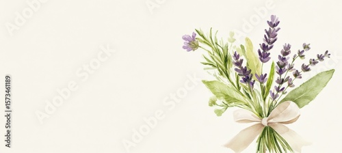 Hand-drawn herbal bundle with linen ribbon, showcasing aromatic plants like sage, rosemary, thyme, and lavender in delicate vintage watercolor style.