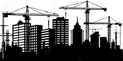 Urban skyline with multiple construction cranes and tall buildings in a black silhouette isolated on white background