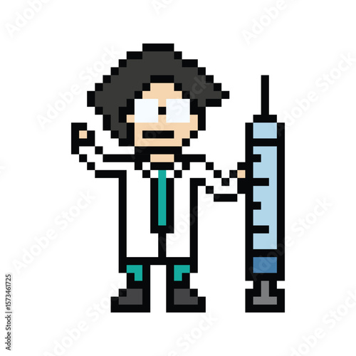 Pixel cute cartoon 8bit character man doctor or scientist game care medicine decoration pharmacist male doctor uniform in hospital 8 bit male pixel art game 8bit png vector.