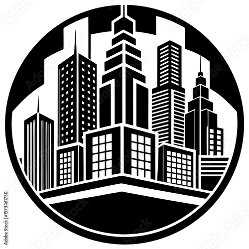 Stylized black and white cityscape silhouette with various skyscrapers within a circle isolated on white background