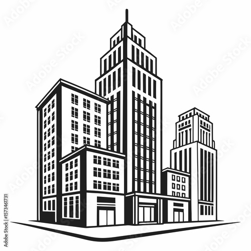Stylized black and white illustration of a cluster of modern skyscrapers in a city silhouette isolated on white background