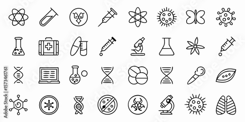 Collection of science and medical icons including atoms dna viruses microscopes and medical equipment silhouette isolated on white background