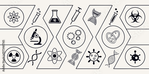 Collection of science and medical research icons including dna atoms viruses and microscopes silhouette isolated on white background