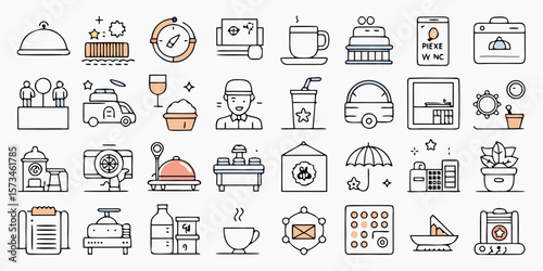 Collection of hand drawn icons representing various services and objects isolated on white background silhouette