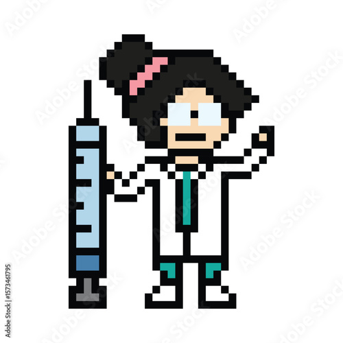 Pixel cute cartoon 8 bit character woman doctor scientist game care decoration pharmacist female doctor uniform lady medicine hospital 8 bit woman pixel art 8bit png vector.