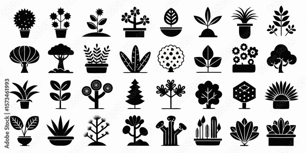 Fototapeta premium Collection of stylized potted plants and trees in a simple silhouette design isolated on white background