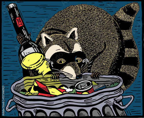 Burglar Raccoon with Flashlight Searching Trash – Woodcut Style Illustration