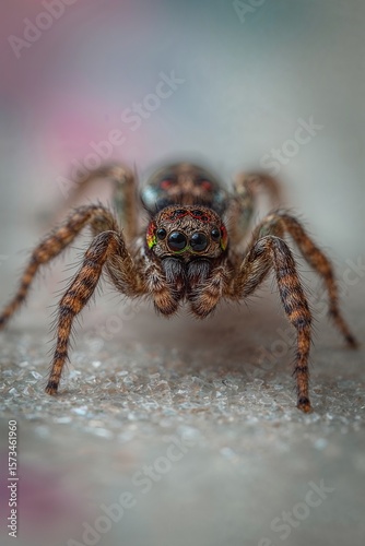 Vivid Macro Photo of Patterned Spider with Glossy Eyes and Vibrant Legs in Natural Light