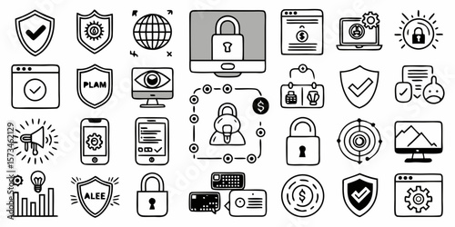 Collection of hand drawn doodle icons representing cybersecurity and data protection concepts silhouette isolated on white background