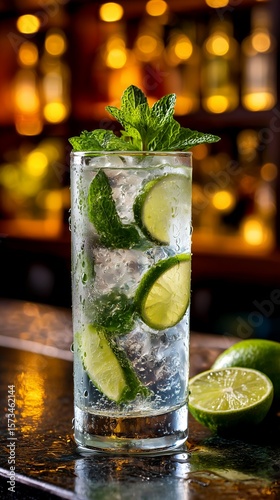 Refreshing mojito with lime and mint served in a bar during evening hours
