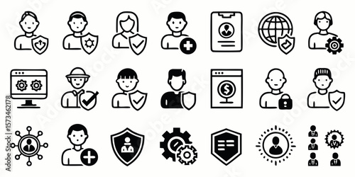 Collection of user profile and security icons with shield and gear symbols silhouette isolated on white background