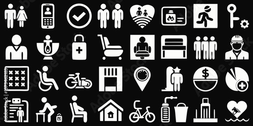 Collection of diverse white silhouette icons representing healthcare family and lifestyle elements isolated on white background