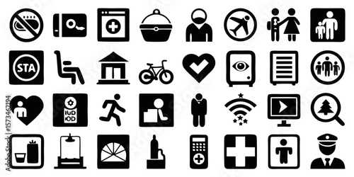 Collection of diverse black silhouette icons representing travel health safety and people isolated on white background