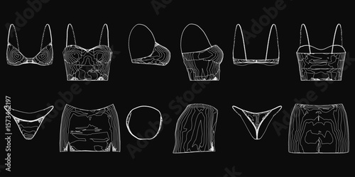 A set of women's underwear with unique intricate designs displayed on a black background. The pieces vary in shapes and sizes, featuring a range of colors from light to dark for striking contrast.