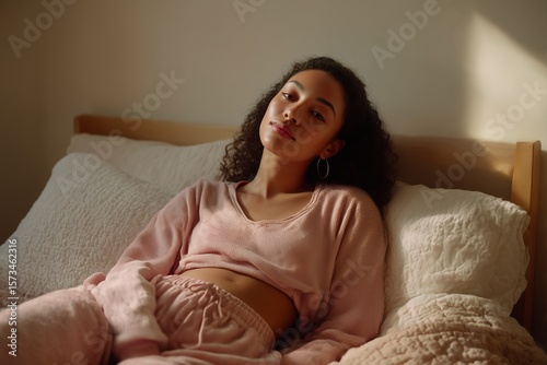 Young woman relaxes on bed in cozy attire with warm sunlight filtering through the window
